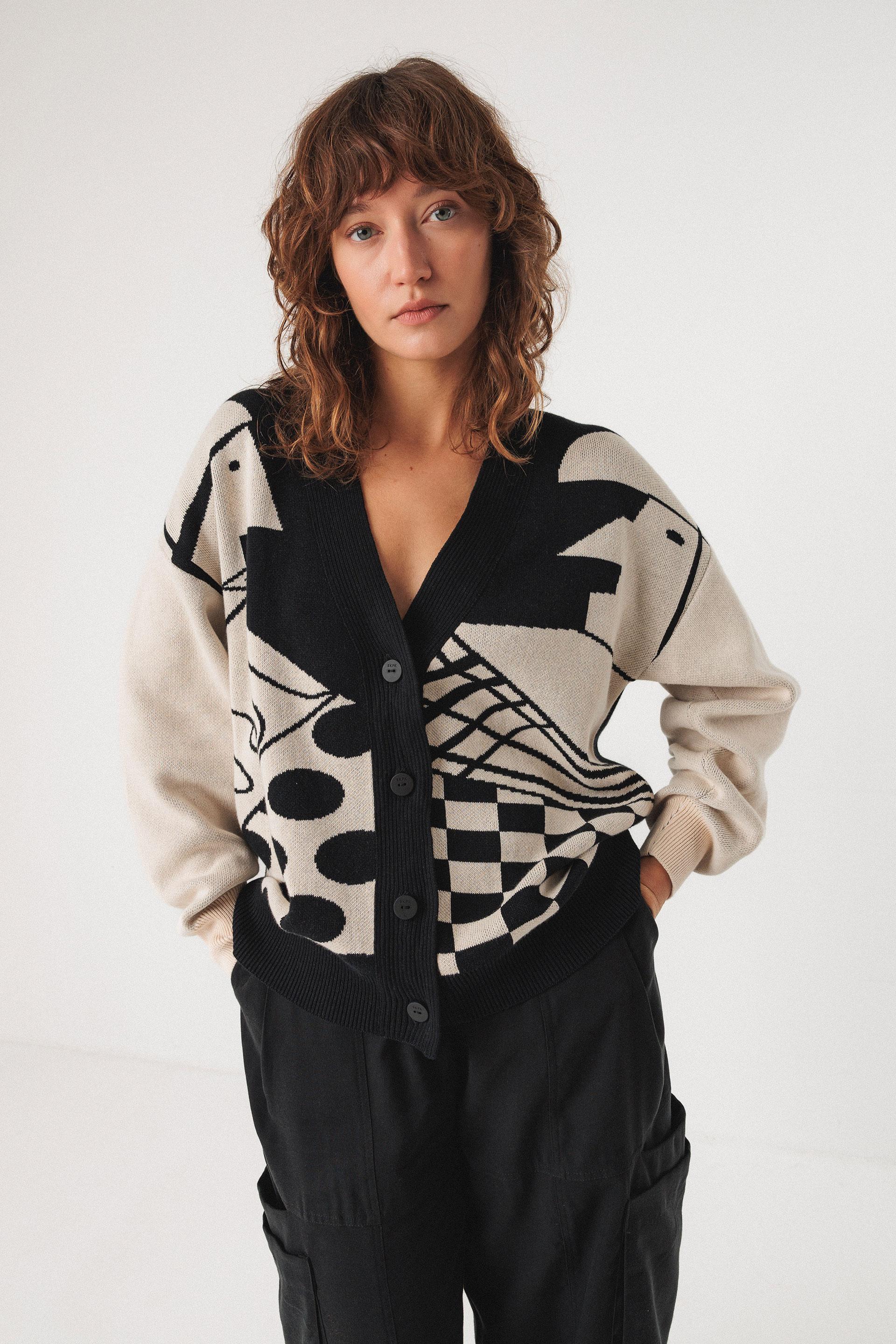 SKFK Batirtze Sweater Damen Jacquard Cardigan schwarz weiß